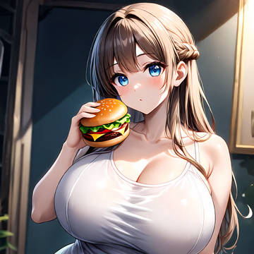 chubby gal eating a burger