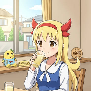 梨ジュースを飲む