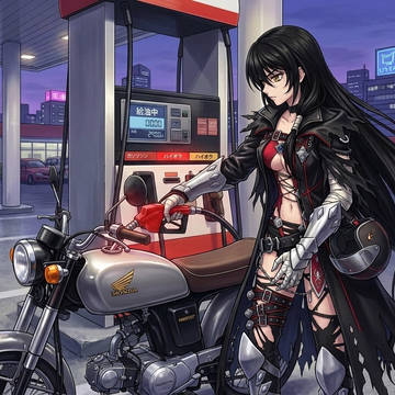 バイクに給油してるベルベット