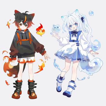 火と水の かわいい ねこのふたご