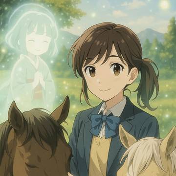 女子中学生と座敷わらしと馬達の集合写真 AI