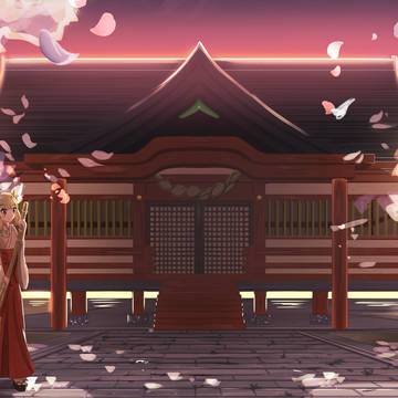 桜舞う境内