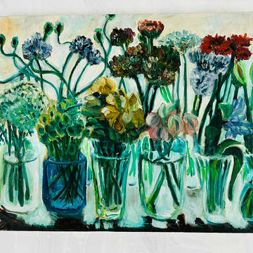 油彩・原画「窓辺の花瓶」絵画　F8（38×46㎝）アートキャンバ