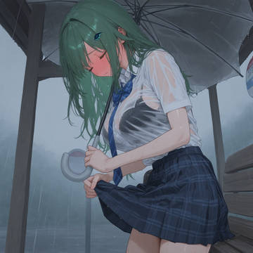 雨の日のバス停で透けブラ