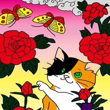 牡丹に蝶と猫