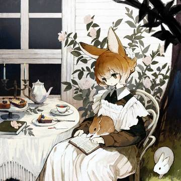 お庭で読書するうさぎメイドさん
