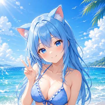 青い海辺の猫耳ガール