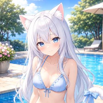 プールサイドの白猫ガール