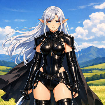 草原に佇むエルフの女剣士