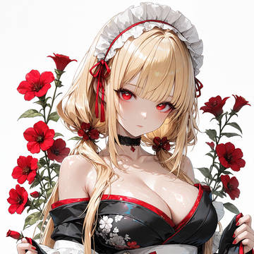赤花を結ぶ黒の袖