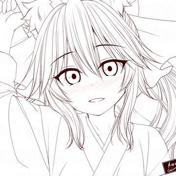 巫女服の玉藻の前と 線画