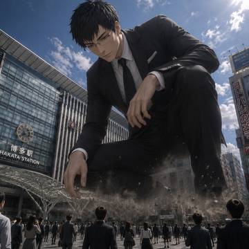 博多駅前にいる小人達を襲う黒髪短髪イケメン眼鏡巨大スーツ男子
