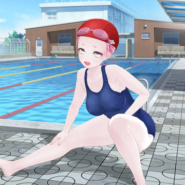 スク水、準備運動、ピンク髪