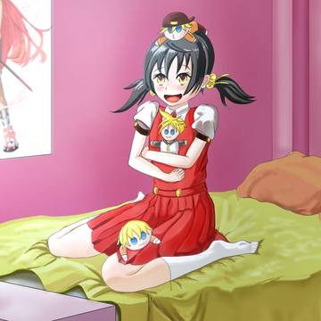 Yuki with Len plushies