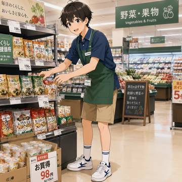 スーパーマーケットで働く少年