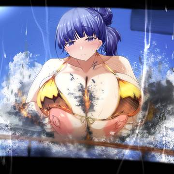 船体に胸を載せる娘