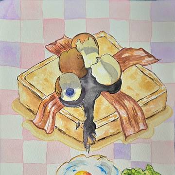 チェックの背景で、「目玉焼きとトースト」