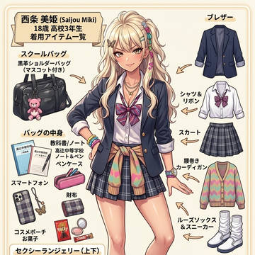 【西条 美姫】(JK時代)の着用アイテム(下着含む)