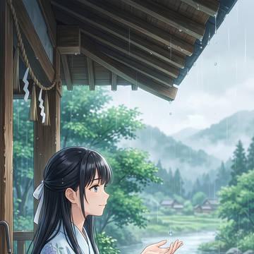 雨宿り和服少女