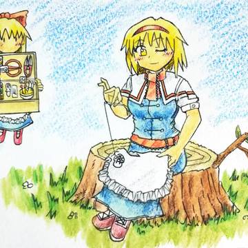 魔理沙の敗れたエプロンを直してくれるアリス