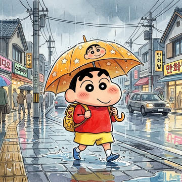 雨の中に街で傘を使っているしんのすけ君