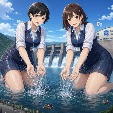 住処近くのダム湖で水浴びする大娘中学校の事務員姉妹