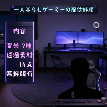 一人暮らしゲーマーの深夜配信部屋|背景7種+透過素材14点セット