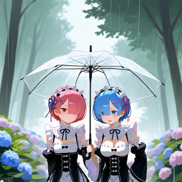 アジサイ梅雨散歩、ラムとレム