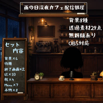 雨の日深夜カフェ配信部屋|背景8種+透過素材29点【OBS対応】
