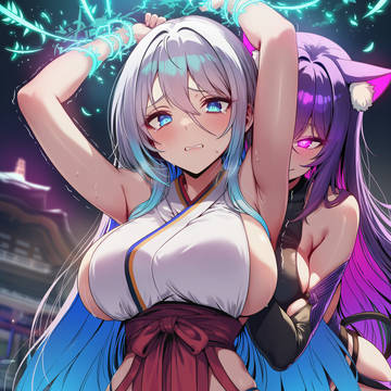 巫女が猫娘にくすぐられる
