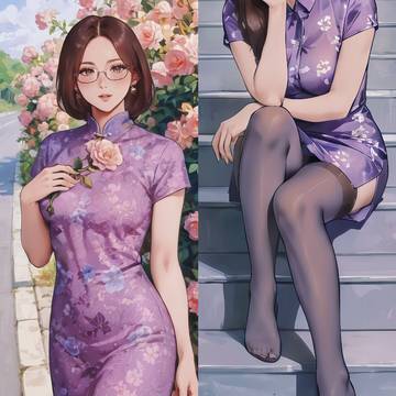 灰丝紫旗袍