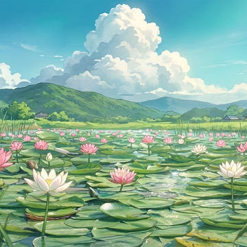 [時間差分アリ]蓮が咲く池の風景