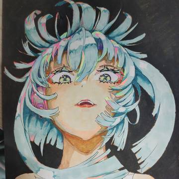 青い髪の手描きの少女