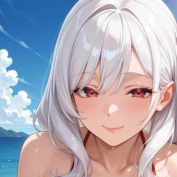 白髪红眼水着少妇