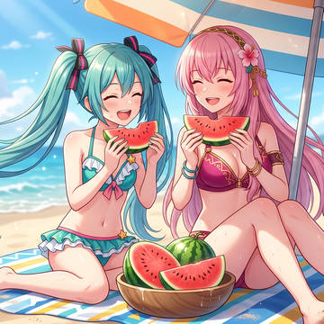 真夏の海で初音ミクと巡音ルカ