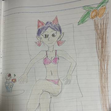 ビーチでくつろぐねこ姉さんと目玉の親父さん