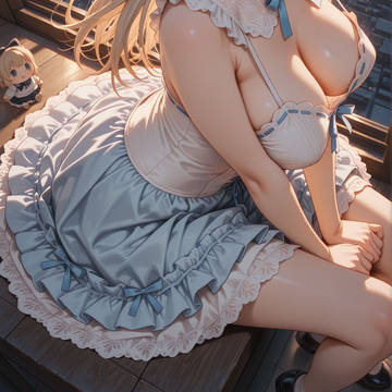 夕陽の街並み見下ろす窓辺で、白フリルドレスの胸元ゆるくて…座った
