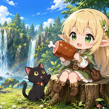 エルフちゃんが持ってるお肉が欲しい黒猫さん