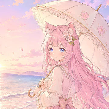 朝の海辺と白い日傘☂️