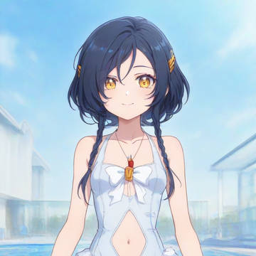 黒髪へそ出し水着コス