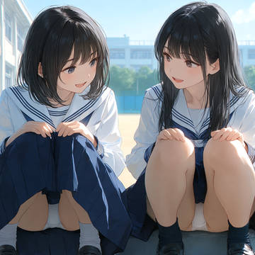 校庭の階段で会話する女子