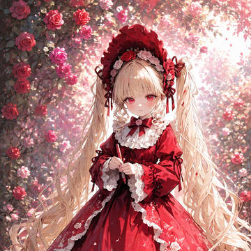 薔薇の庭に佇む紅いドレス