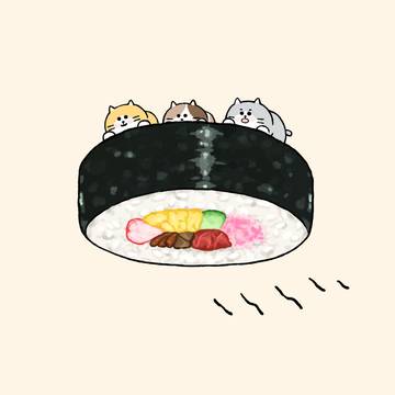 巻き寿司に乗った猫