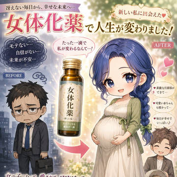女体化薬の広告風イラスト