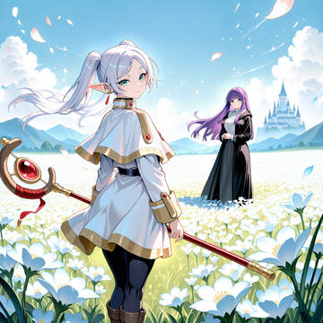 Frieren & Fern in flower field
