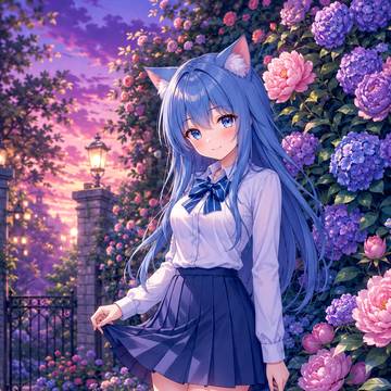 黄昏の花園と青髪の猫娘