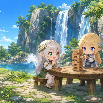 ジェンガで遊ぶエルフちゃんたちと悪戯にゃんこ