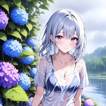 AIが描いた2次元美女(アジサイが似合う白髮巨乳美女編)
