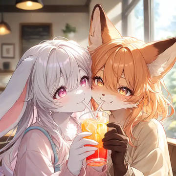 シェアドリンクするウサギとキツネ
