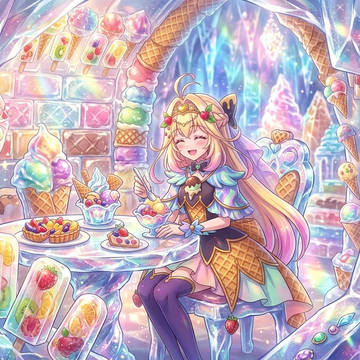 アイスに囲まれて幸せそうなキュアアルカナ・シャドウさん